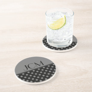 Monogram Grey Polka Dots on Black Coaster