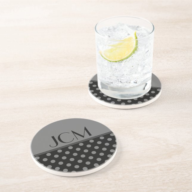 Monogram Grey Polka Dots on Black  Coaster (Side)