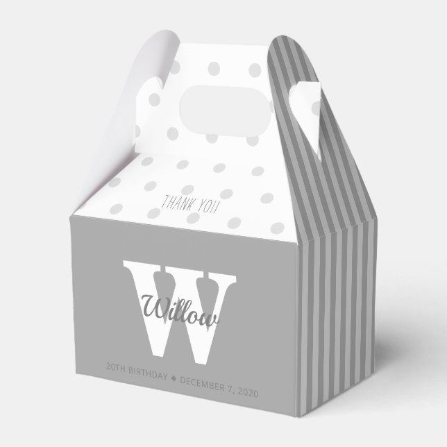 Monogram Grey Polka Dots Stripes Gable Favour Box (Front Side)