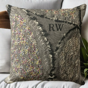 Monogram grey printed linen look floral grunge  cushion