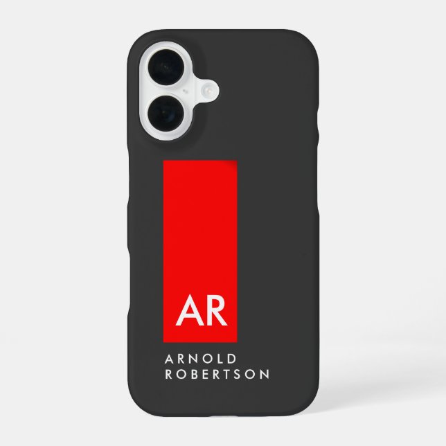 Monogram Grey Red Modern Add Replace Name Initials iPhone 16 Case (Back)