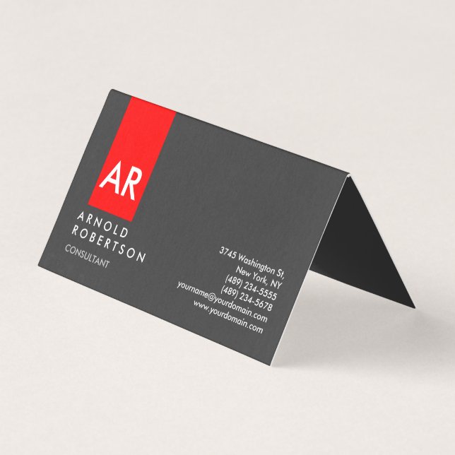 Monogram Grey Red Modern Consultant Business Card (Front)