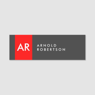 Monogram Grey Red Modern Minimalist Name Tag