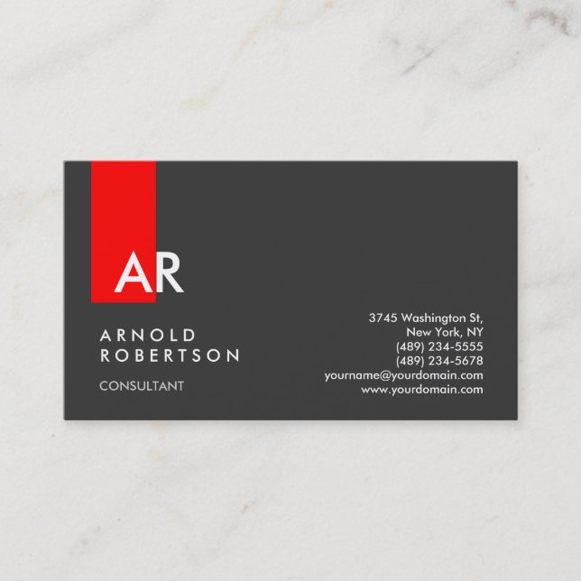 Monogram Grey Red Stripe Consultant Business Card (Front)