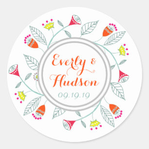 Monogram Grey Red Teal Yellow Pink Modern Garland Classic Round Sticker