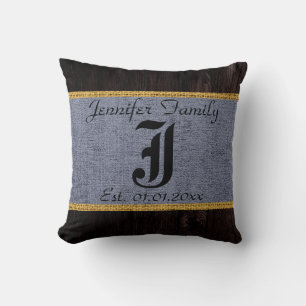Monogram Grey Rustic Burlap Linen Wood Look Cushion