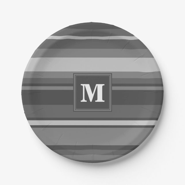 Monogram grey stripes paper plate (Front)