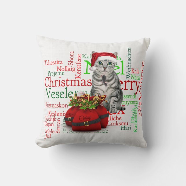 Monogram Grey Tabby Christmas Cat Cushion (Front)