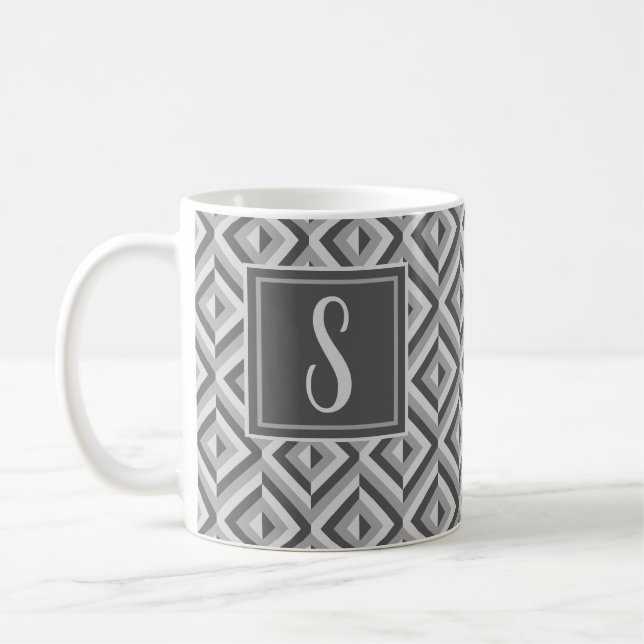 Monogram Grey Three-Tone Diamond Pattern Coffee Mug (Left)