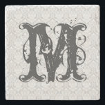 Monogram Grey Tones Vintage Floral Pattern Stone Coaster<br><div class="desc">Elegant light grey floral damasks with large customisable monogram</div>