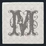 Monogram Grey Tones Vintage Floral Pattern Stone Coaster<br><div class="desc">Elegant light grey floral damasks with large customisable monogram</div>