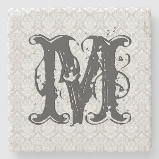 Monogram Grey Tones Vintage Floral Pattern Stone Coaster