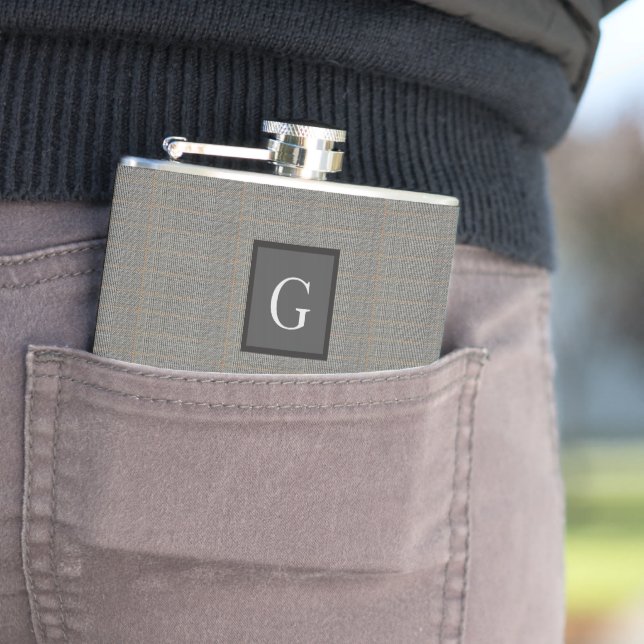 Monogram Grey Tweed Groomsman Bestman Wedding Gift Hip Flask (In Situ)