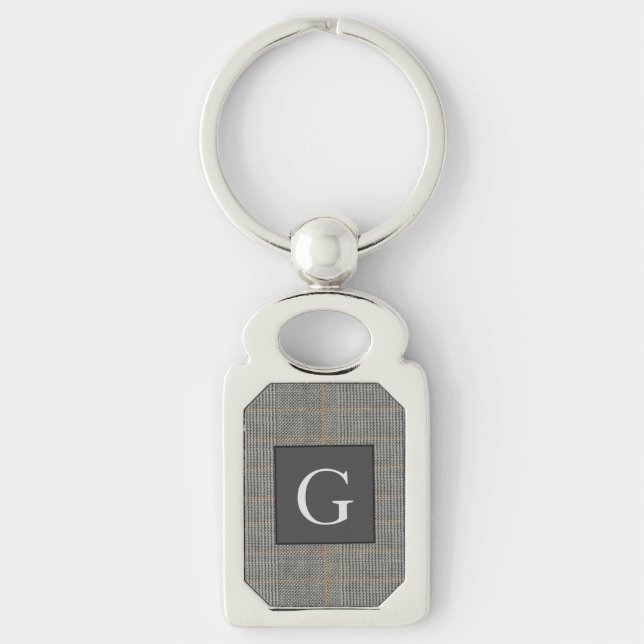 Monogram Grey Tweed Groomsman Bestman Wedding Gift Key Ring (Front)