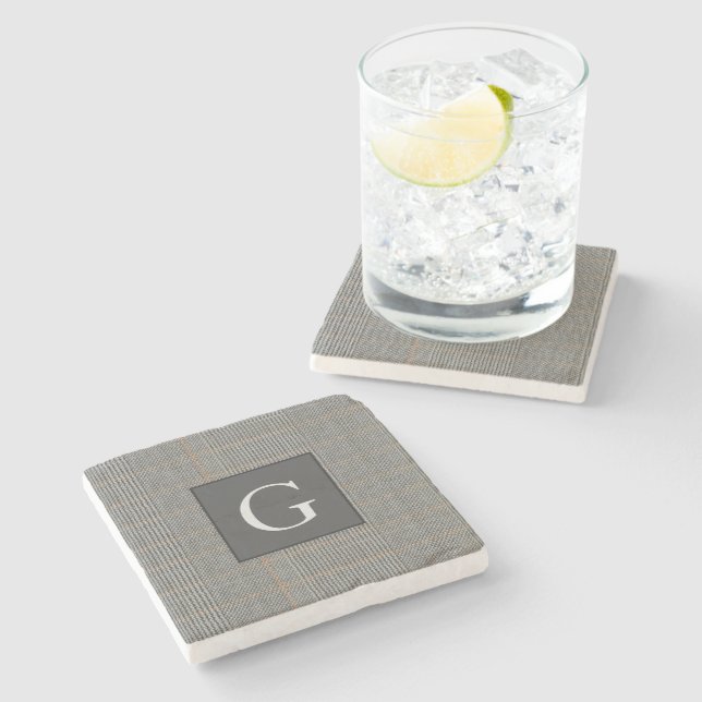 Monogram Grey Tweed Groomsman Bestman Wedding Gift Stone Coaster (Side)