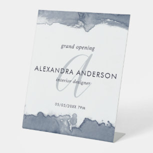 Monogram Grey Watercolor Minimal Grand Opening Pedestal Sign