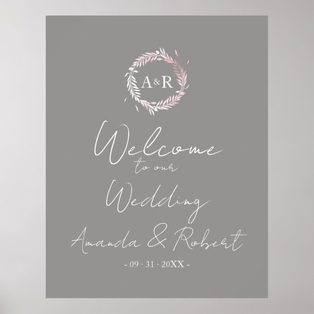 Monogram Grey Wedding Welcome Sign Board (Front)