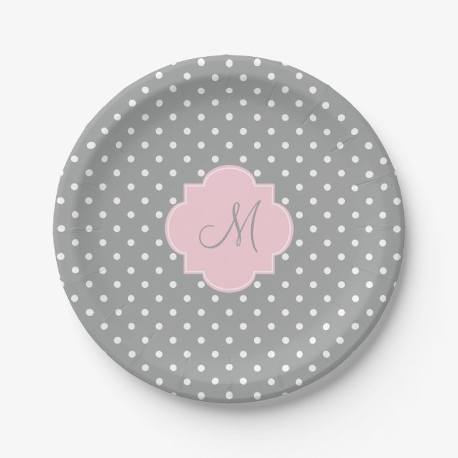 Monogram Grey, White and Pastel Pink Polka Dot Paper Plate (Front)