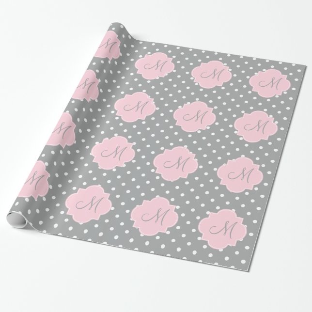 Monogram Grey, White and Pastel Pink Polka Dot Wrapping Paper (Unrolled)