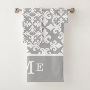 Monogram Grey White Fleur-de-lis   Editable Bath Towel Set