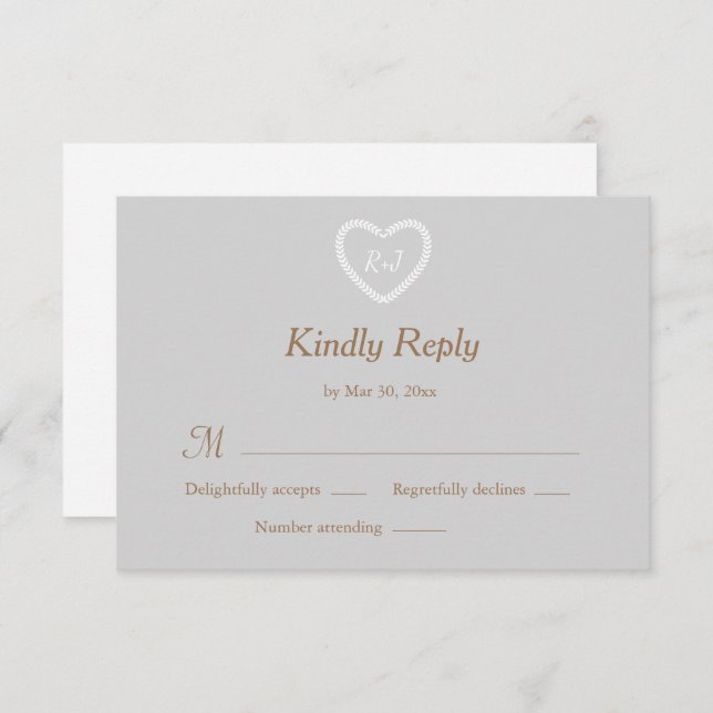 Monogram Grey White Gold Heart Shaped Wedding RSVP Invitation (Front/Back)