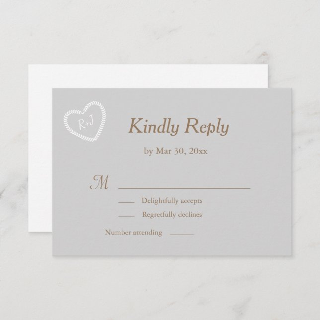 Monogram Grey White Gold Heart Shaped Wedding RSVP Invitation (Front/Back)