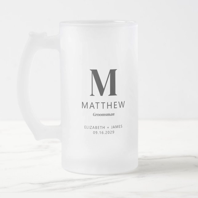 Monogram Groomsman Gift Modern Simple Minimalist Frosted Glass Beer Mug (Left)