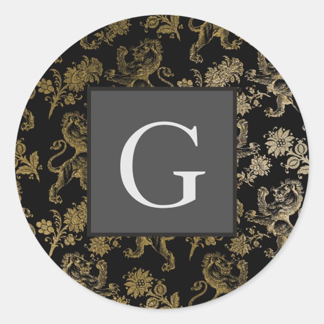 Monogram Groomsmen Best Man Black Gold Lion Damask Classic Round Sticker (Front)