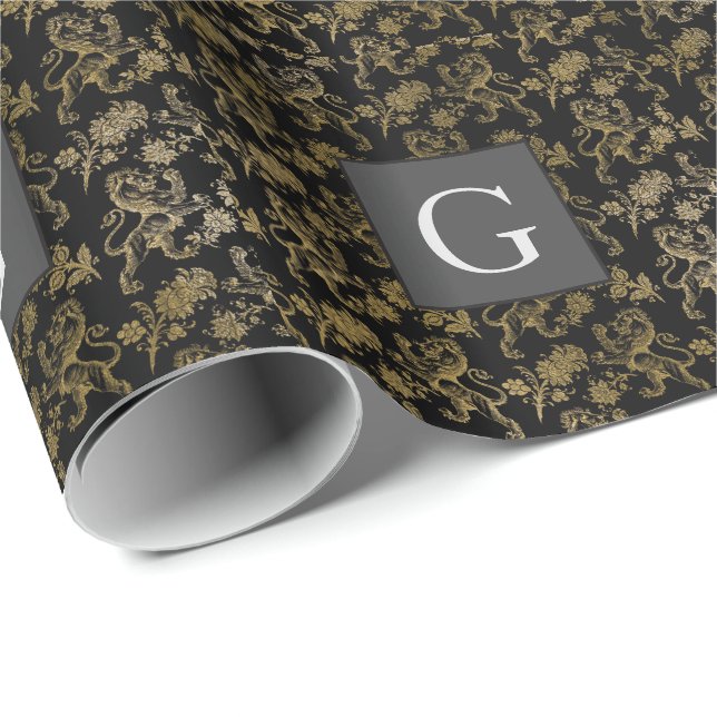 Monogram Groomsmen Best Man Black Gold Lion Damask Wrapping Paper (Roll Corner)