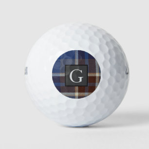 Monogram Groomsmen Best Man Blue Grey Tartan Black Golf Balls