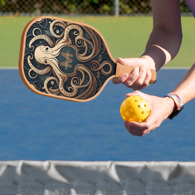 Monogram Grunge Gold Black Personalised Octopus Pickleball Paddle (Insitu)
