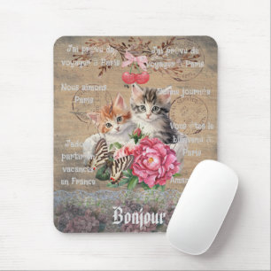 Monogram Grunge wood Cute cats Chic floral French Mouse Mat