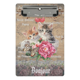 Monogram Grunge wood floral and cats French Mini Clipboard