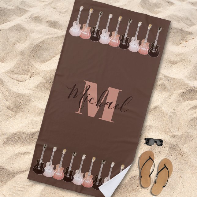 Monogram guitar pattern rustic brown beach towel (Rustic Guitar pattern custom monogram brown beach towel)