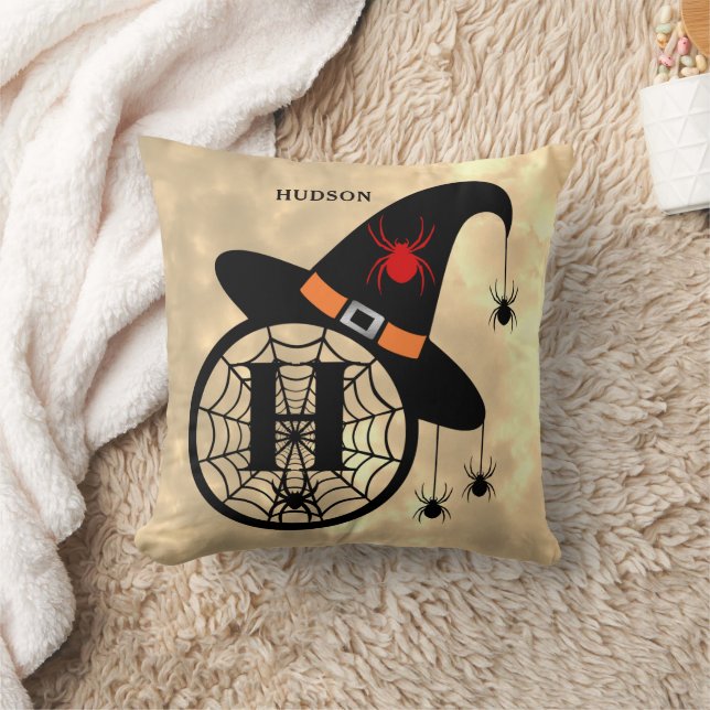 Monogram H Halloween Sky Witch Spiders Name Cushion (Blanket)