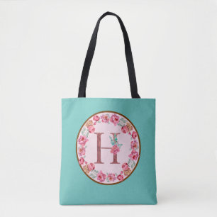 Monogram H Letter with Peony Flower Image Tote Bag