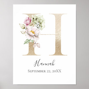 Monogram H Pink White Floral Gold Letter Nursery  Poster
