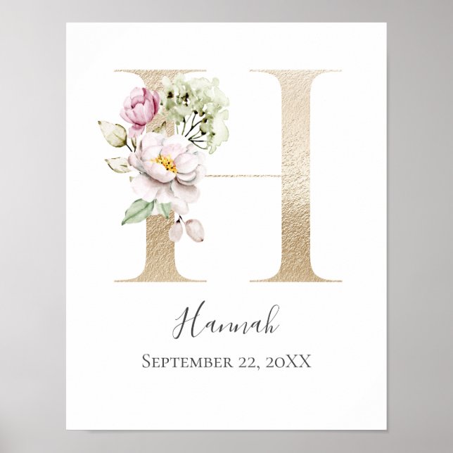 Monogram H Pink White Floral Gold Letter Nursery  Poster (Front)