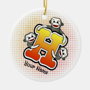 Monogram H Sock Monkey  Ceramic Tree Decoration