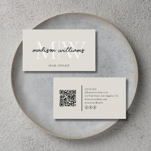 Monogram Hair Stylist QR Code Neutral Beige Business Card