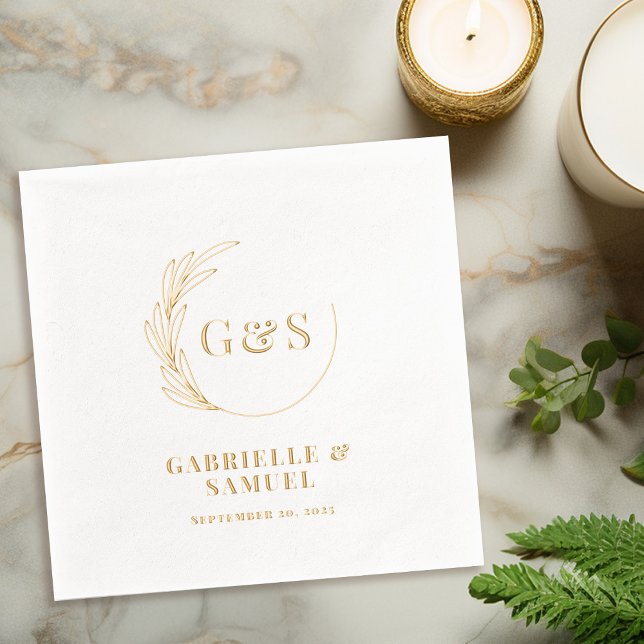 Monogram Half Wreath Foliage Gold Foil Napkins (Creator Uploaded)