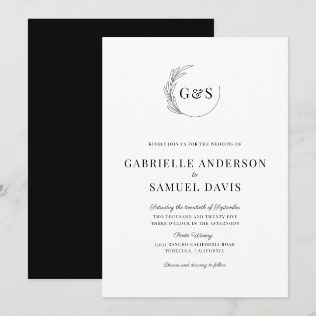 Monogram Half Wreath Minimal Black & White Wedding Invitation (Front/Back)