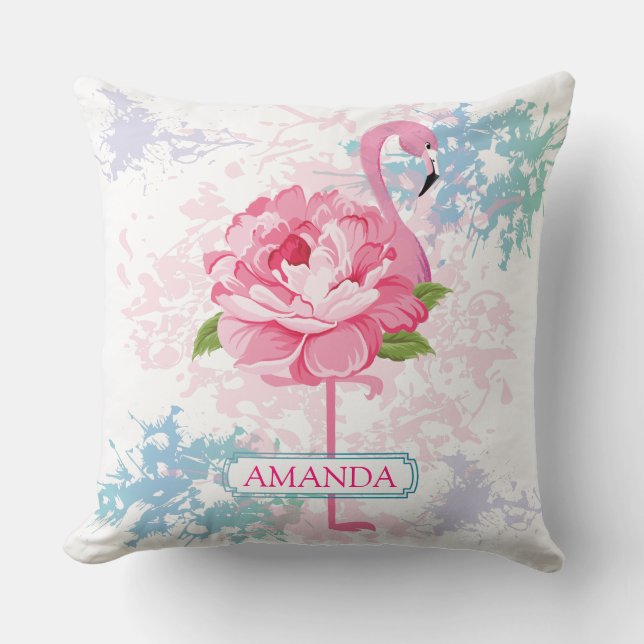 Monogram Hand painted flamingo Cushion (Front)