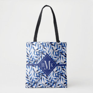 Monogram Hand Painted Watercolor Ink Pattern Tote Bag
