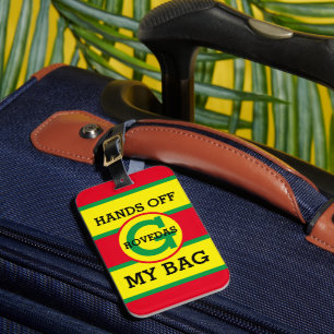 Monogram Hands Off My Bag Text on Red Yellow Green Luggage Tag