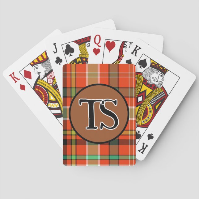 Monogram Handsome Classic Orange Plaid Personalise Playing Cards (Back)