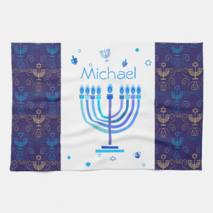 Monogram Hanukkah Festival Menorah Lights Tea Towel