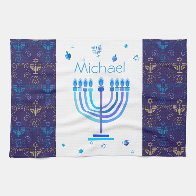 Monogram Hanukkah Festival Menorah Lights Tea Towel (Horizontal)