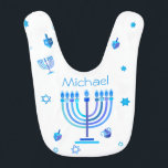 Monogram Hanukkah Jewish Holiday Menorah Bib<br><div class="desc">Monogram and Hanukkiah Symbol. Happy Hanukkah Party Jewish Holiday Blue Menorah. Jewish Holiday Chanukkah Decoration with traditional Chanuka decorative symbol - Navy Blue colour hanukkiah menorah, candlestick with candles, star of David and neon blue glowing lights illustration. Hanukkah Festival of lights Event Decoration. Jerusalem, Israel. Baby & Kids > Nursing,...</div>