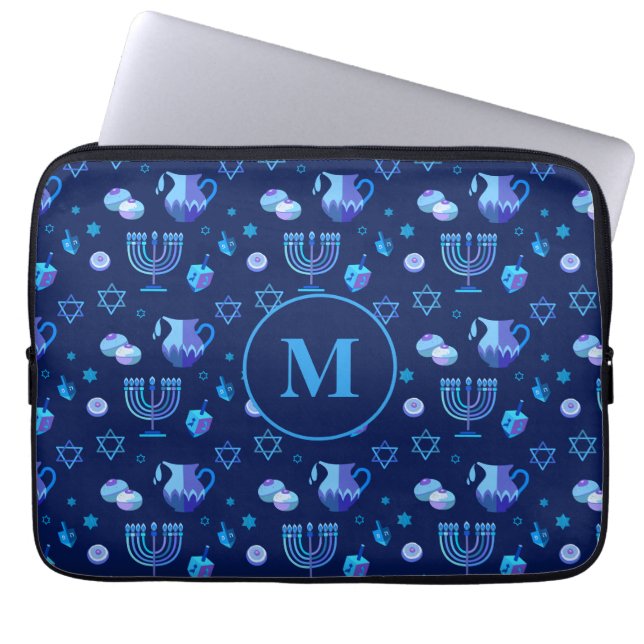 Monogram, Hanukkah Jewish Holiday Ornate Pattern Laptop Sleeve (Front)